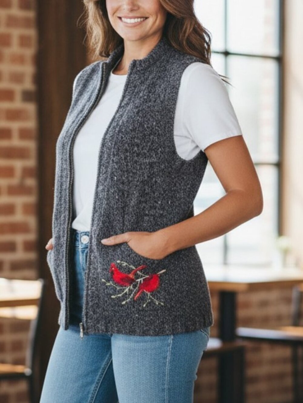 Woolrich Red Cardinal Bird Embroidered Sweater Vest Gray Wool Blend Zip S